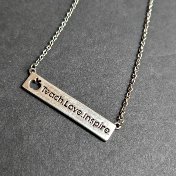 Silver-Tone Teacher Gift Necklace Inspirational Bar Pendant Teach Love Inspire - Picture 3 of 7